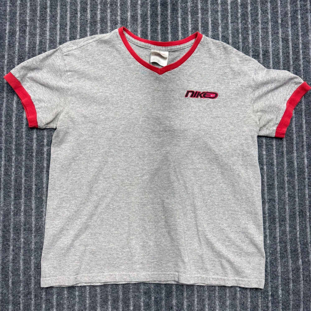 Nike Mens V-Neck Ringer T-Shirt Size M Gray Red Vintage Made in USA Y2K Logo